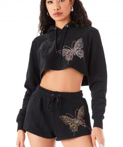 CARMAR SWEATSHIRTS RHINESTONE BUTTERFLY CROPPED HOODIE
