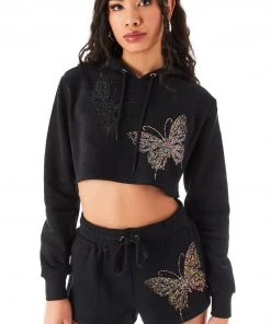 CARMAR SWEATSHIRTS RHINESTONE BUTTERFLY CROPPED HOODIE