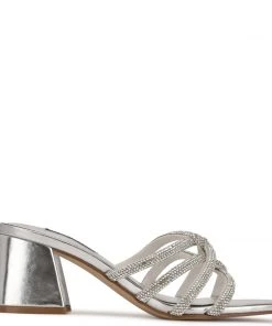 Nine West Metallic Mindset Glitz Block Heel Slide Sandals