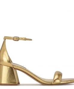 Nine West Gretal Ankle Strap Block Heel Sandals Metallic Mindset