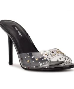 Nine West Ido Rhinestone Heeled Slide Sandals In The Clear